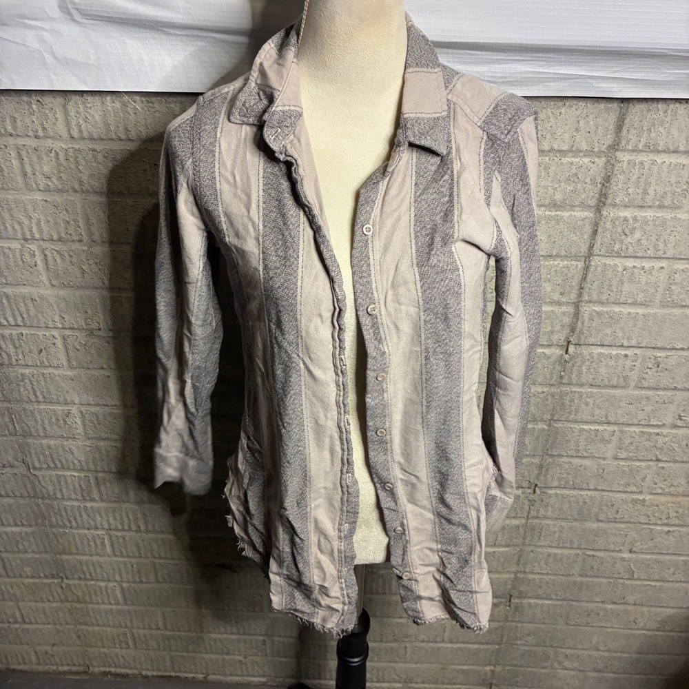 Bella Dahl Striped Linen Blend Button Down Shirt XS Distressed Hem Casual Top